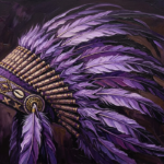 Violet and gold african headdress wall art featuring a ceremonial feathered crown with elegant layered details