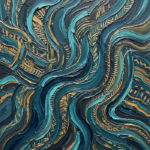 Peacock and gold global inspired wall art featuring flowing woven textile forms with ocean blue and teal details