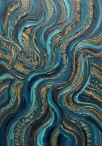 Peacock and gold global inspired wall art featuring flowing woven textile forms with ocean blue and teal details