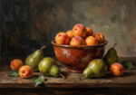 Rust Red Gallery african fabric wall hangings featuring a fruit still life with pears, apricots, and warm earthy tones