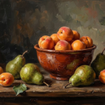 Rust Red Gallery african fabric wall hangings featuring a fruit still life with pears, apricots, and warm earthy tones