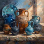 Sapphire and copper mediterranean ethnic wall art featuring ceramic vessels with coastal blue and textured stone details