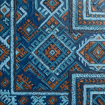 Sapphire and copper mediterranean ethnic wall art print featuring a geometric textile pattern with layered woven details for elegant interiors