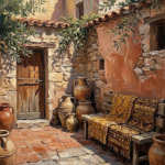 Clay and moss ethnic wall art painting print featuring a Mediterranean courtyard with terracotta walls, olive branches, and woven details
