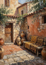 Clay and moss ethnic wall art painting print featuring a Mediterranean courtyard with terracotta walls, olive branches, and woven details