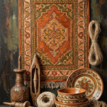 Clay and moss ethnic wall art painting print featuring a Mediterranean woven tapestry with ceramic pieces, wood tools, and natural fibers