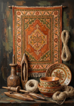 Clay and moss ethnic wall art painting print featuring a Mediterranean woven tapestry with ceramic pieces, wood tools, and natural fibers