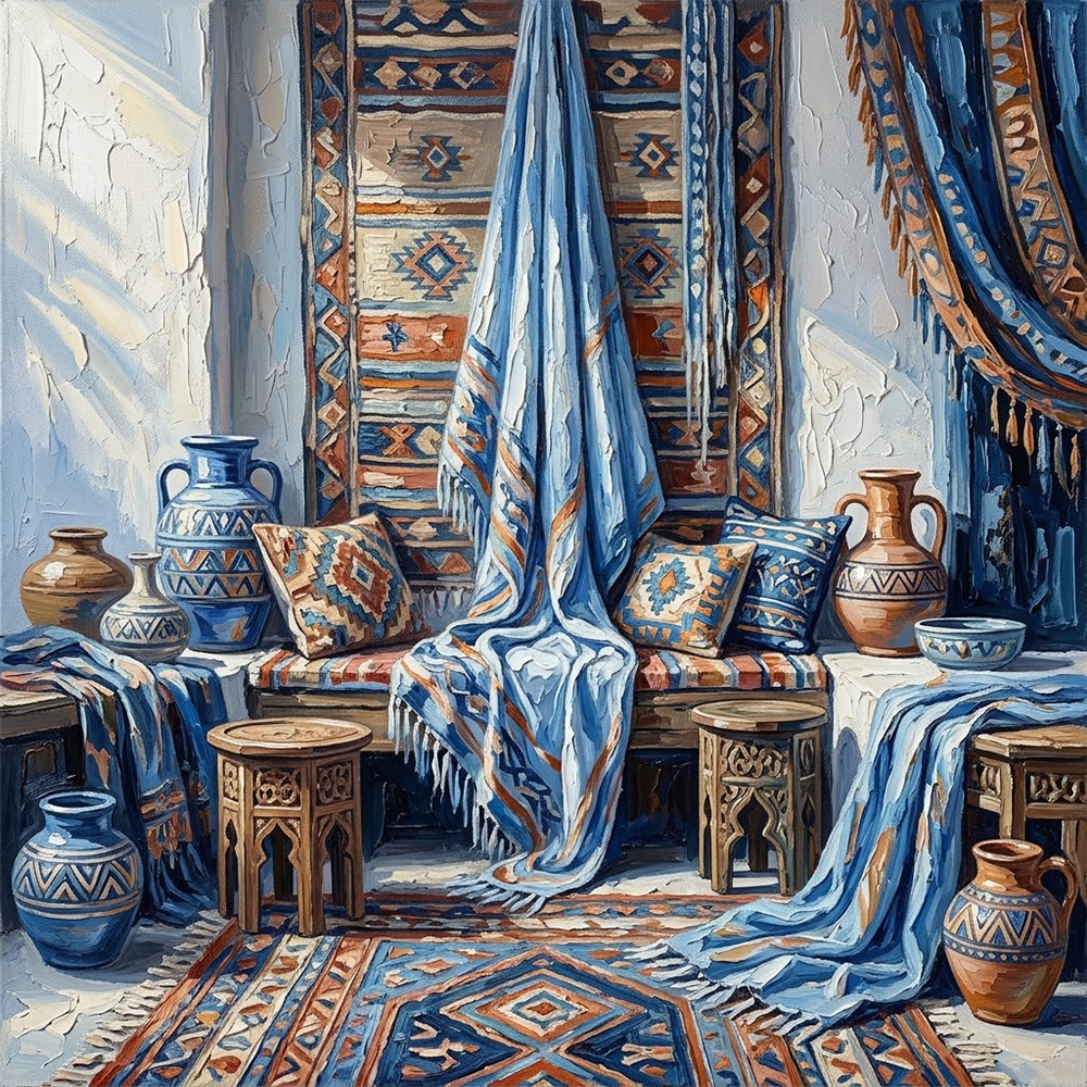 Azure Nomad Bohemian Ethnic Wall Art Powder Blue & Ochre Art Print