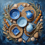 Powder blue and ochre bohemian ethnic wall art print featuring coastal pottery, seashell ornaments, woven fibers, and natural elements