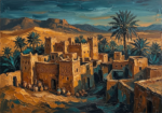 Peacock and gold moroccan wall art print featuring a desert kasbah with adobe walls, palm silhouettes, ceramic vessels, and mountains