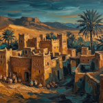 Peacock and gold moroccan wall art print featuring a desert kasbah with adobe walls, palm silhouettes, ceramic vessels, and mountains