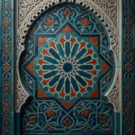 Petrol and rust moroccan geometric wall art print featuring a Moroccan zellige star pattern with arabesque tiles and ornamental details