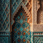 Petrol and rust moroccan geometric wall art print featuring cascading diamond patterns and Moroccan lattice details for elegant interiors