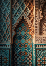 Petrol and rust moroccan geometric wall art print featuring cascading diamond patterns and Moroccan lattice details for elegant interiors