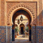 Burnt orange and navy moroccan arch wall art print featuring a Moroccan horseshoe arch with mosaic details for elegant interiors