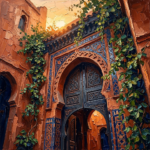 Burnt orange and navy moroccan arch wall art print featuring a Moroccan courtyard doorway with vines and decorative details for elegant interiors