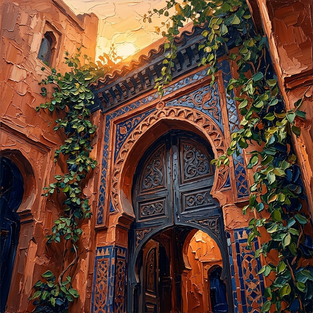 Andalusian Gate Moroccan Arch Wall Art Burnt Orange & Navy Art Print