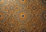 Honey and ultramarine moroccan tile pattern wall art print featuring intricate zellige mosaics with geometric star patterns for elegant interiors