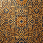 Honey and ultramarine moroccan tile pattern wall art print featuring intricate zellige mosaics with geometric star patterns for elegant interiors