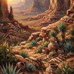 Clay and moss native american canvas painting print featuring a desert landscape with woven patterns and handcrafted pottery details for elegant interiors
