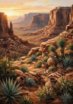 Clay and moss native american canvas painting print featuring a desert landscape with woven patterns and handcrafted pottery details for elegant interiors