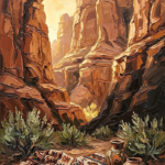 Clay and Moss native american canvas painting featuring sandstone cliffs, desert sage plants, woven patterns, and rustic pottery in a warm desert landscape