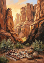 Clay and Moss native american canvas painting featuring sandstone cliffs, desert sage plants, woven patterns, and rustic pottery in a warm desert landscape