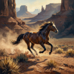 Walnut and Blue native american horse wall art featuring a running mustang, canyon landscape, flowing dust, and desert scenery