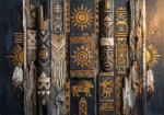 Charcoal and Gold tribal pattern wall art featuring abstract tribal symbols, carved wooden forms, woven textures, and golden accents