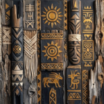 Charcoal and Gold tribal pattern wall art featuring abstract tribal symbols, carved wooden forms, woven textures, and golden accents