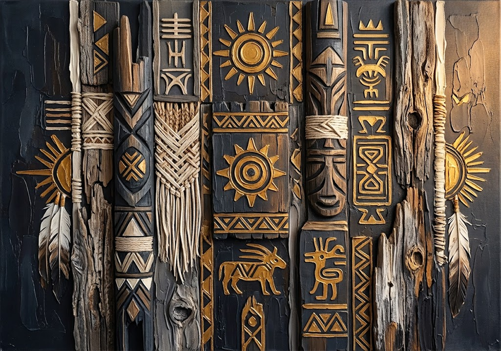 Golden Totem Tribal Pattern Wall Art Charcoal & Gold Art Print