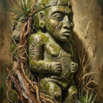 Moss and Sage indigenous inspired wall art featuring a carved stone artifact, desert grasses, organic fibers, and earthy textures
