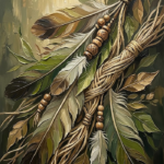 Moss and Sage indigenous inspired wall art featuring feathers, botanical elements, woven fibers, and natural ceremonial textures