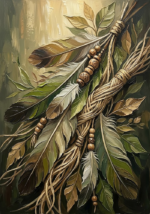 Moss and Sage indigenous inspired wall art featuring feathers, botanical elements, woven fibers, and natural ceremonial textures