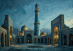 Peacock and Gold islamic paintings for sale featuring a blue-tiled minaret, historic courtyard, arches, and distant domes