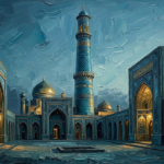 Peacock and Gold islamic paintings for sale featuring a blue-tiled minaret, historic courtyard, arches, and distant domes