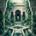 Emerald islamic art for living room print featuring an arched pavilion with lush foliage, flowing water, and architectural details for elegant interiors