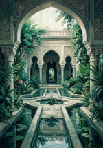 Emerald islamic art for living room print featuring an arched pavilion with lush foliage, flowing water, and architectural details for elegant interiors