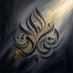 Charcoal and gold modern islamic calligraphy paintings print featuring abstract flowing forms with luxurious decorative details for elegant interiors