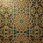 Amber and emerald islamic geometric wall art print featuring interlocking star patterns and floral geometric details for elegant interiors