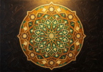 Amber and emerald islamic geometric wall art print featuring a geometric mandala with botanical patterns and ornamental star details for elegant interiors