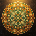Amber and emerald islamic geometric wall art print featuring a geometric mandala with botanical patterns and ornamental star details for elegant interiors
