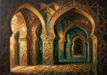Amber and emerald islamic geometric wall art print featuring arched geometric patterns and ornamental architectural details for elegant interiors