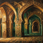 Amber and emerald islamic geometric wall art print featuring arched geometric patterns and ornamental architectural details for elegant interiors