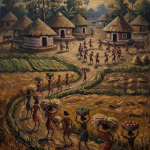 Espresso warli painting on canvas print featuring a harvest ceremony with villagers, crops, huts, and traditional patterns for elegant interiors
