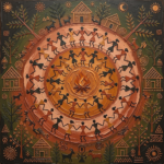 Clay & Moss warli painting on wall print featuring tribal dancers around a village fire with geometric folk motifs for elegant interiors