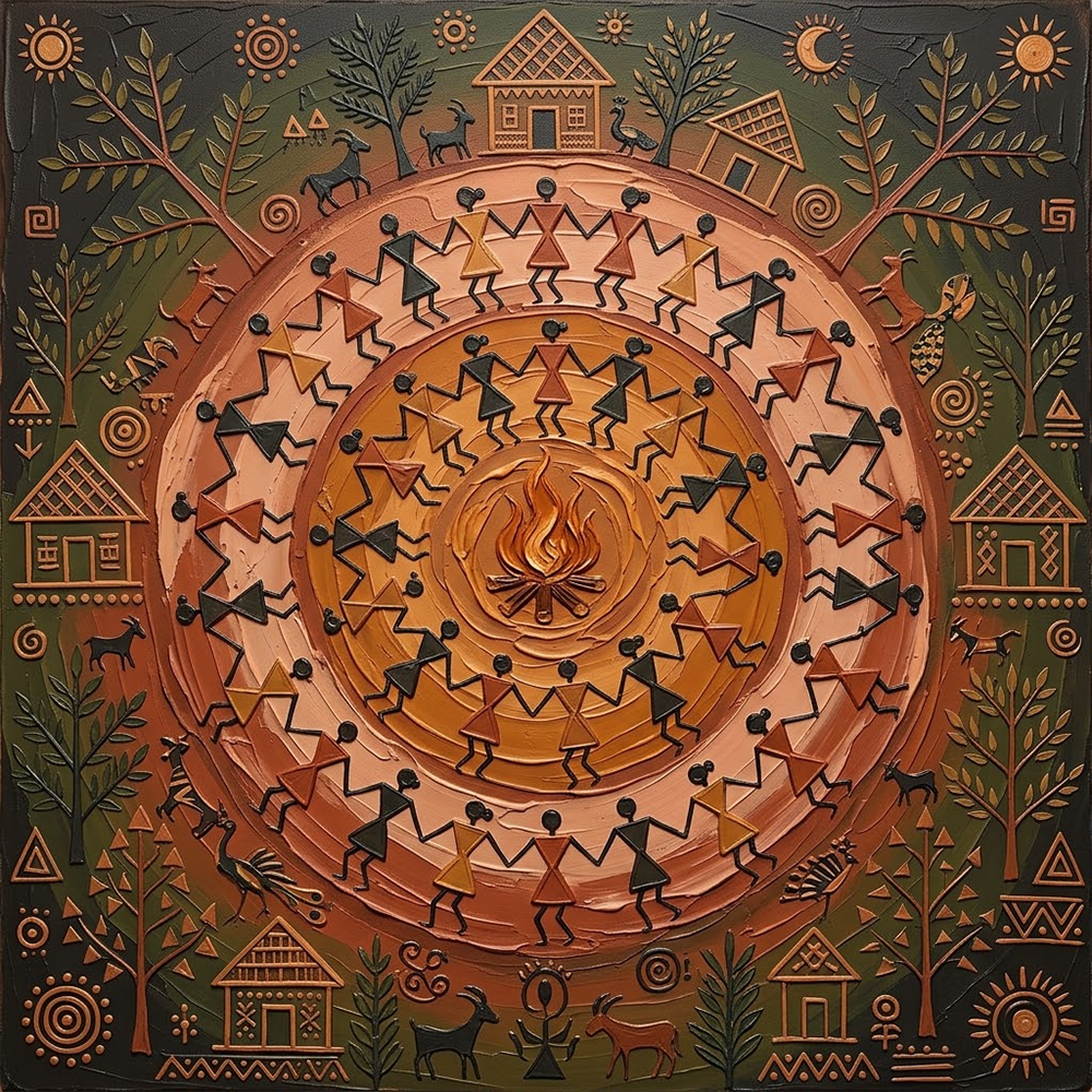 Earth Dance Warli Painting On Wall Clay & Moss Art Print