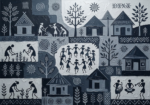 Graphite Museum modern canvas warli painting featuring stylized tribal village figures, abstract huts, trees, and geometric motifs for elegant interiors