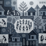 Graphite Museum modern canvas warli painting featuring stylized tribal village figures, abstract huts, trees, and geometric motifs for elegant interiors
