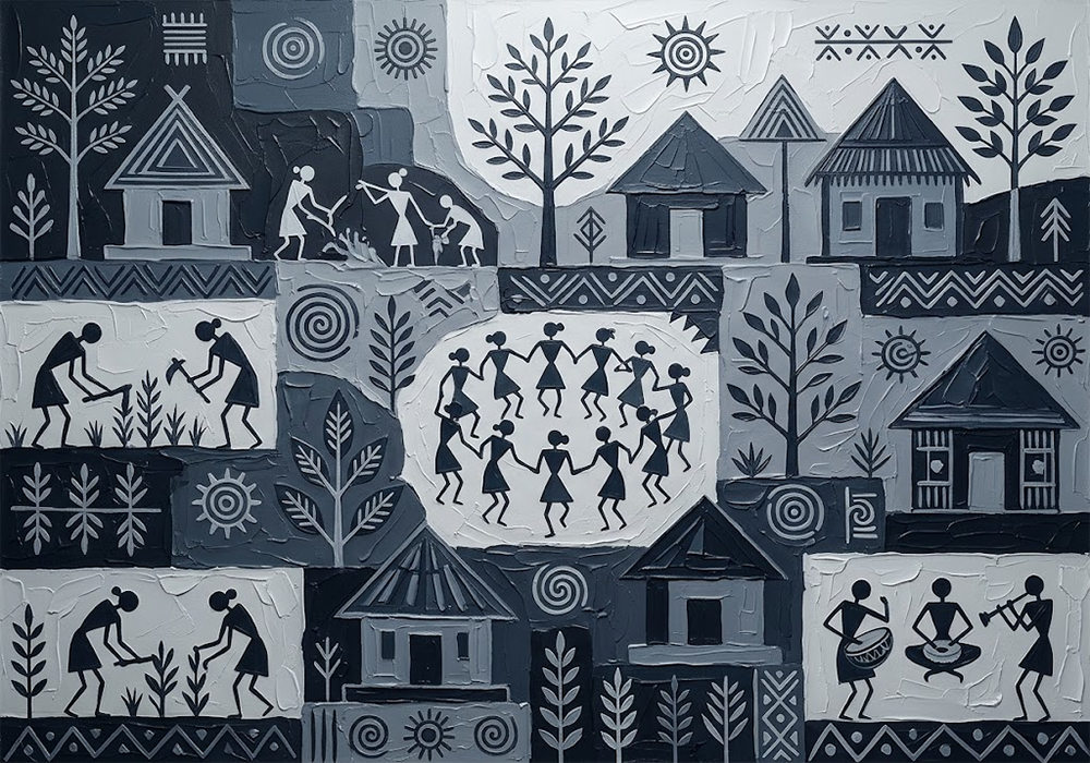 Graphite Village Modern Canvas Warli Painting Graphite Museum Art Print